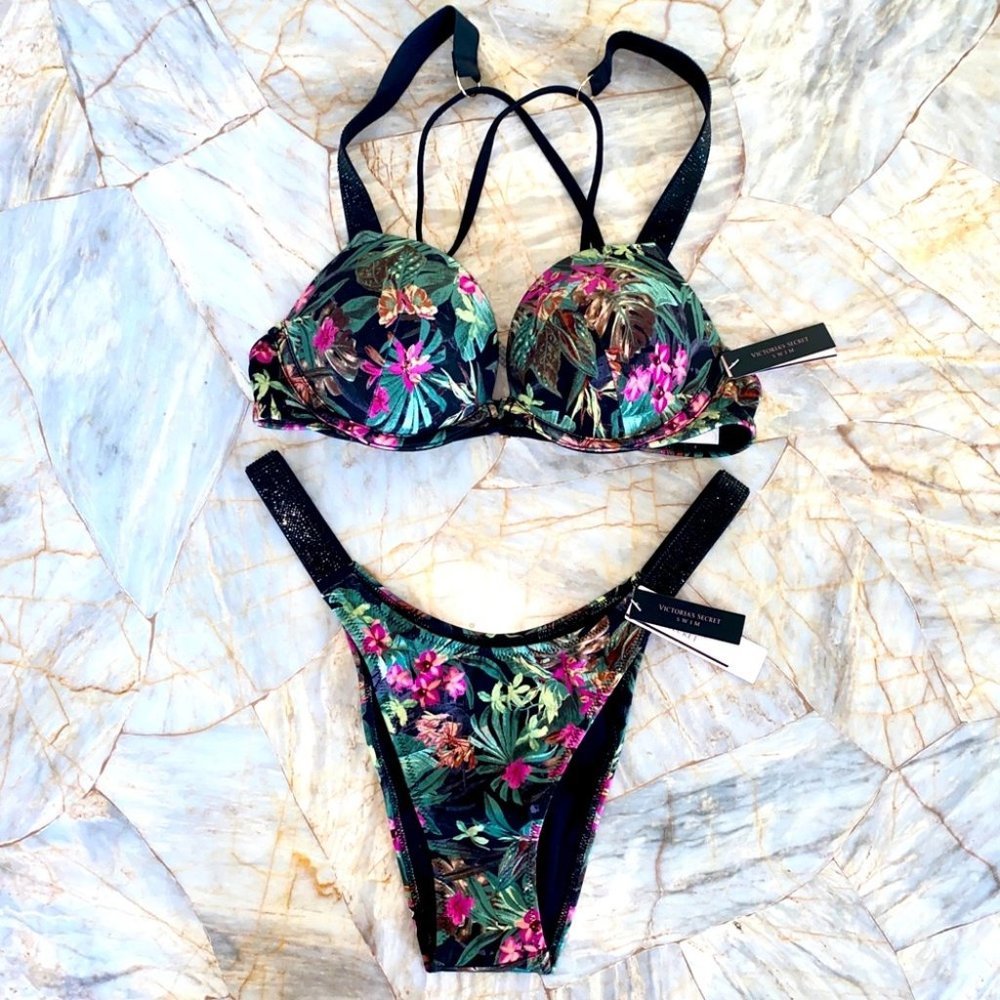 32A Small SHINE STRAP BOMBSHELL‎ ADD 2 CUPS SWIM TOP LOGO CRYSTALS  Swim